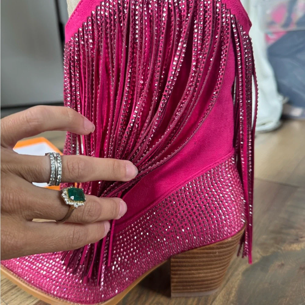 Ouepiano | Pink Rhinestone Fringe Women's Boots - Picture 4 of 5